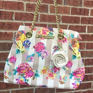 Betsey Johnson Vibrant Rose Tan Striped Hand Bag